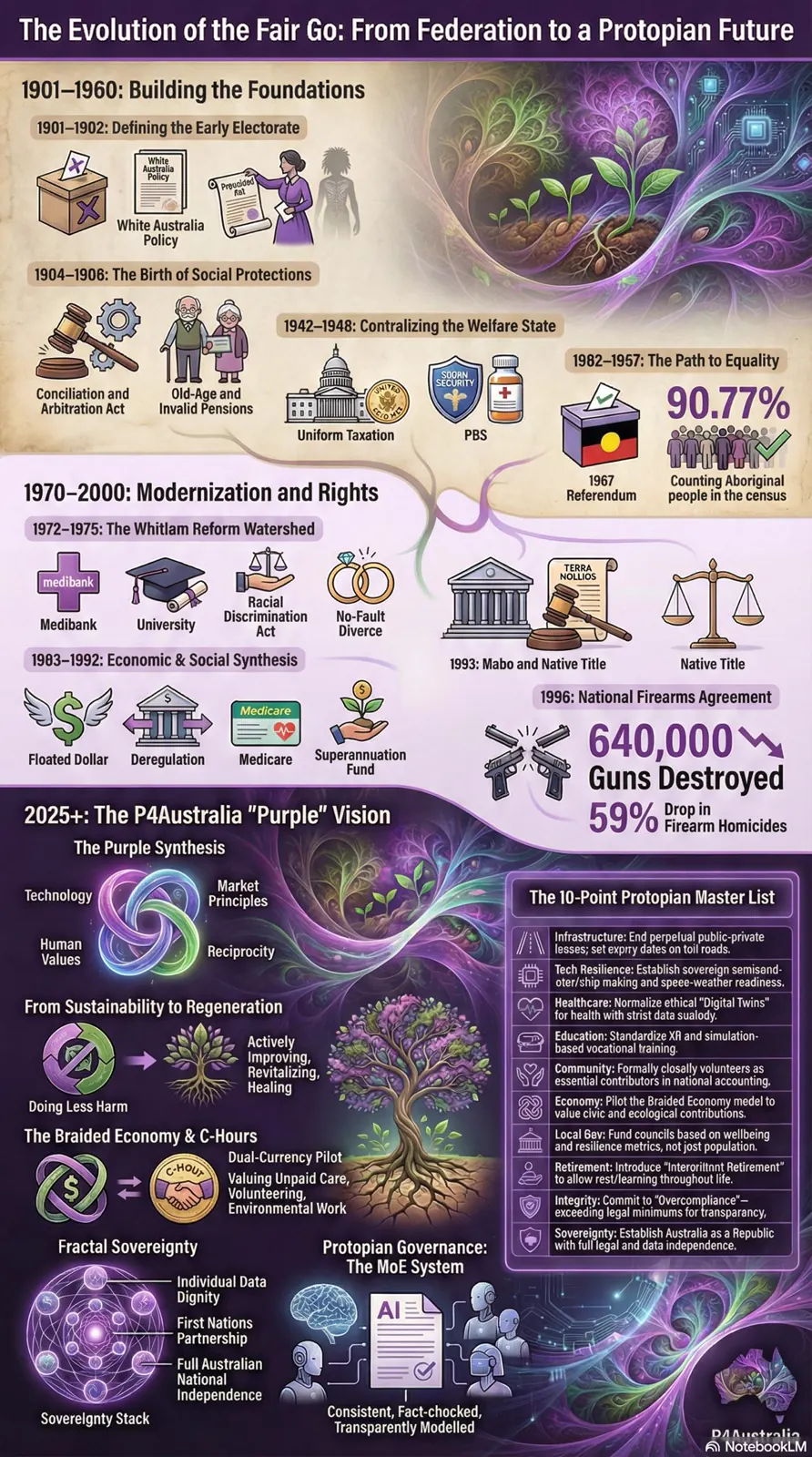 Evolution of the Fair Go infographic with protopian future elements